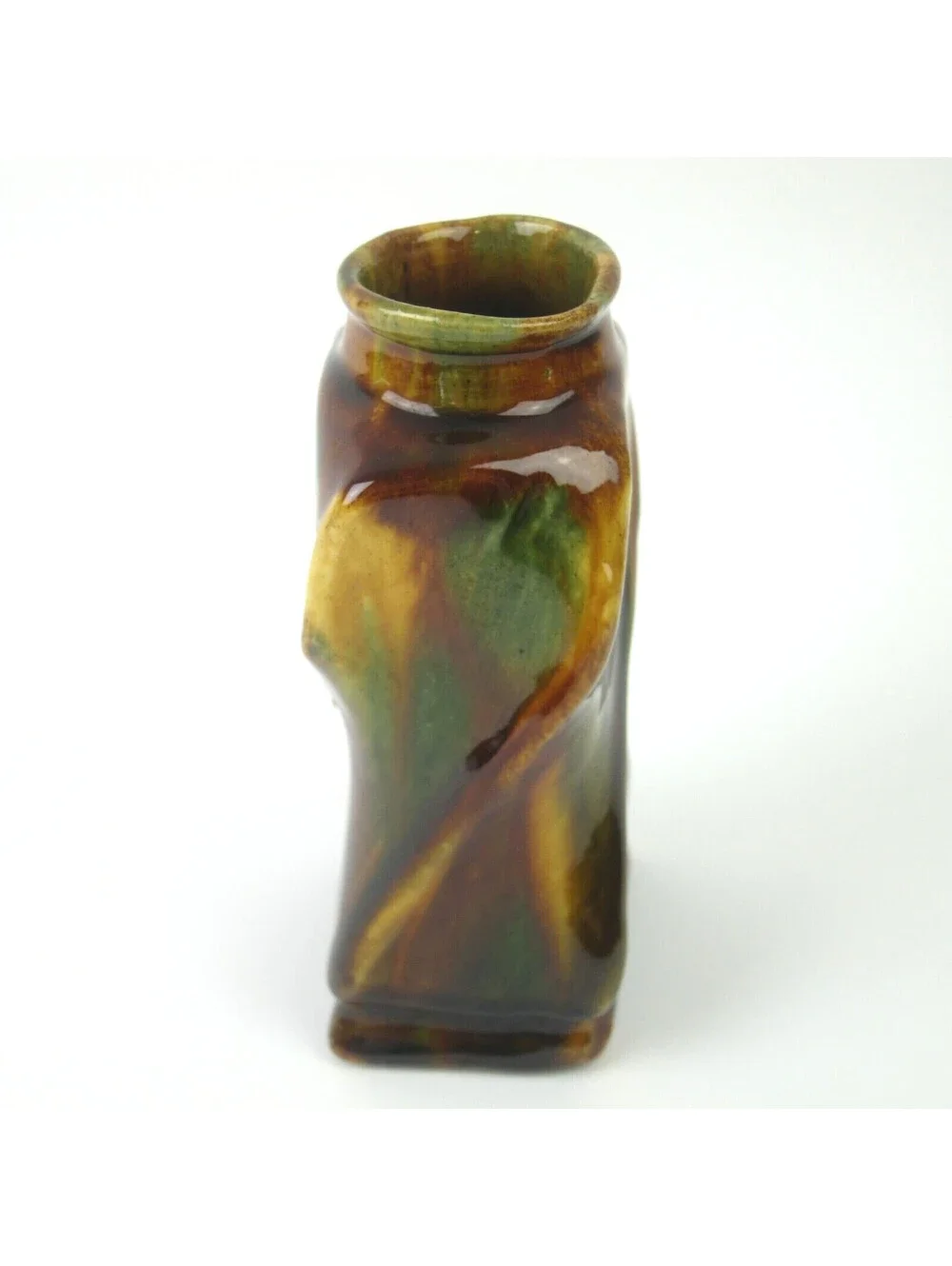 Antique Rockingham Glaze Art Pottery Twisted Square Vase 5